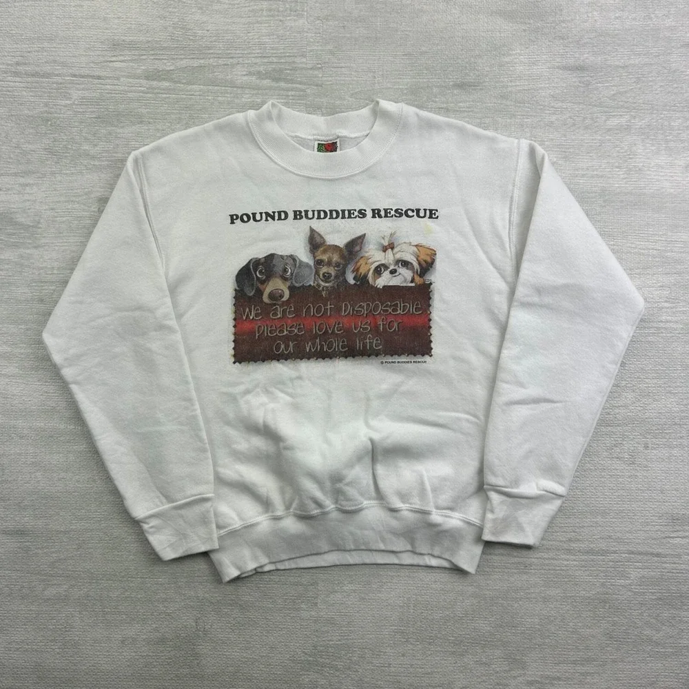 Vintage 90s Pound Buddies Rescue Sweatshirt Size Small‎ White Puppy Dog Crewneck